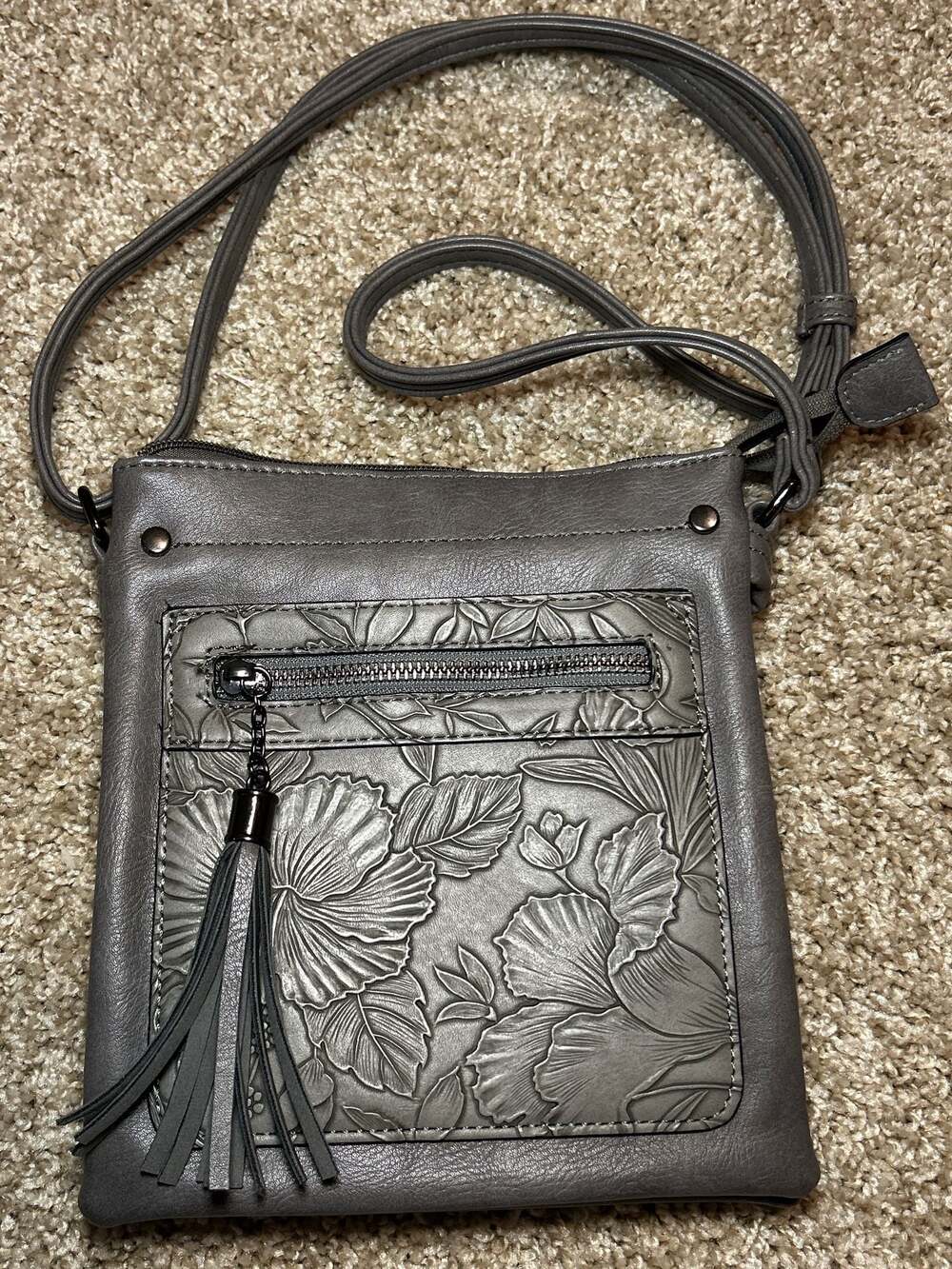 Liz Soto Grey Floral Embossed Crossbody Bag with Tassel